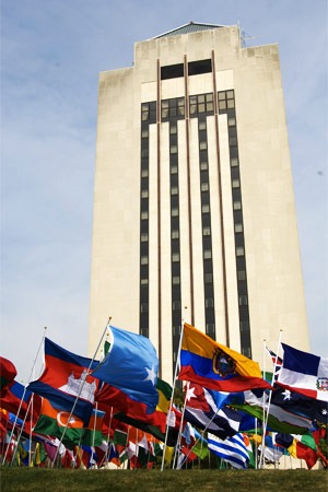 International flags in front of Holmes Student Center