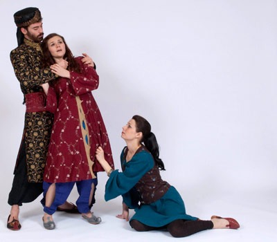 School of Theatre and Dance MFA in acting candidates Nick Ferrucci (as Persian King Shahyar), Kendra Holton Helton (as Scheherezade) and Christie Maturo (as Dunyazade) appear in the upcoming production of Mary Zimmerman’s “The Arabian Nights.”