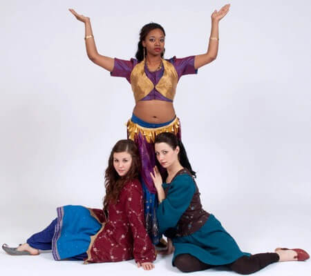 Kendra Holton Helton (as Scheherezade), Jeweline Hale (as Perfect Love) and Christie Maturo (as Dunyazade) appear in the upcoming School of Theatre and Dance-staged production of Mary Zimmerman’s “The Arabian Nights.”