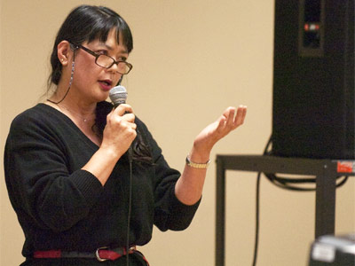 Takako Day speaks Tuesday afternoon during NIU's teach-in on the Japanese disaster.