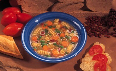 Photo of soup, breads and tomatoes