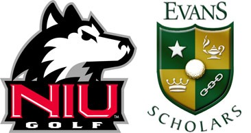 Logos of NIU Huskies golf and Evans Scholars