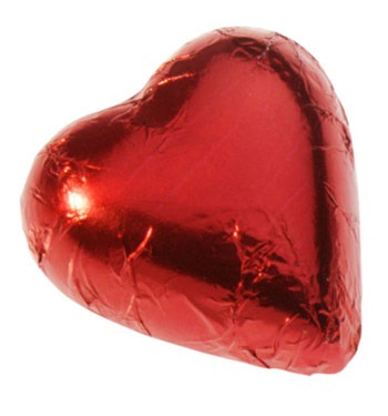 Photo of a heart-shaped chocolate in red foil