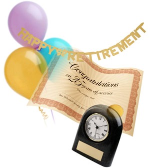Photo of retirement banner, balloons, certificate, clock