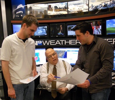 NIU interns Phillip Jagielo (left) and Adam Turchioe with WGN-TV’s Tom Skilling.