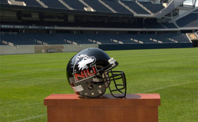Photo of an NIU Huskie football helmet at Soldier Field