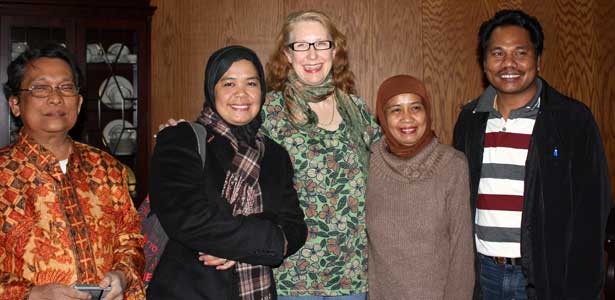 English professor Doris Macdonald, second from left, celebrates with her visiting Indonesian scholar mentorees, from left, Sudarmin Harun, Syamsidar Murad, Andi Tenri Ampa and Syahruddin at a December 2010 ceremony where 15 graduate students participating in an Indonesia Department of Education exchange program received certificates of completion from NIU. (CSEAS file photo)