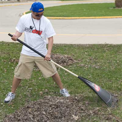 Photo of an NIU student raking during NIU Cares Day