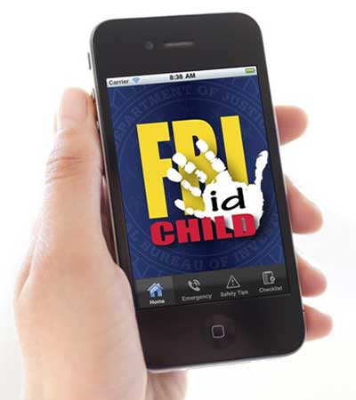 Photo of a hand holding a mobile phone displaying the FBI's Child ID App