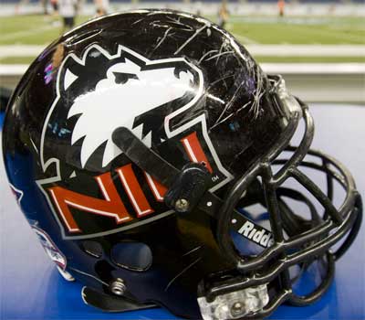 Photo of an NIU football helmet at Ford Field