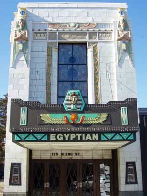 A photo of the front exterior of the Egyptian Theatre