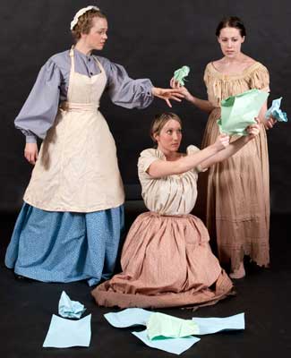 Charlotte Fox, Kaitlin Henderson and Amy Powell rehearse a scene from “Mrs. Packard.” 