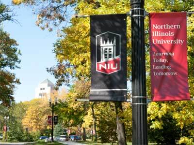 Learning Today, Leading Tomorrow: photo of NIU banners on campus