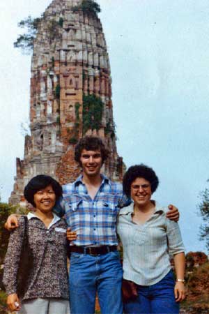 John Brandon (center) visits Ayudtaya in Thailand in June 1978 with Julia Lamb (right), research associate and outreach coordinator for the NIU Center for Southeast Asian Studies, and another student.