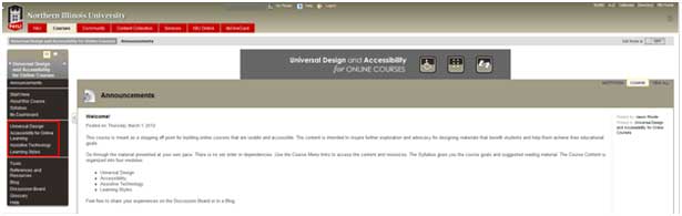 Screen capture of Universal Design and Accessibility for Online Courses webpage