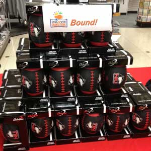 Photo of a stack of black NIU footballs for sale at the University Bookstore.