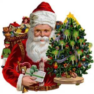 Image of Santa Claus with Christmas tree, presents