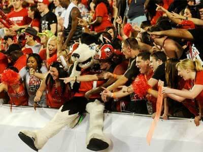 Victor E. Huskie jumps into the stands at Sun Life Stadium.