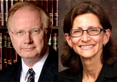 Illinois Supreme Court Chief Justice Thomas L. Kilbride and Jennifer L. Rosato, dean of the NIU College of Law