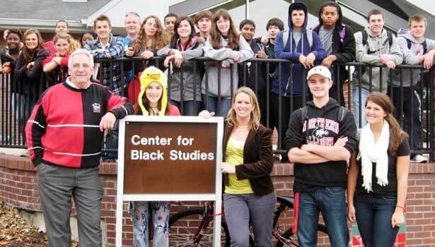 The UNIV 101 class of Andy Small and Connie Storey gathers ouside the Center for Black Studies last fall.
