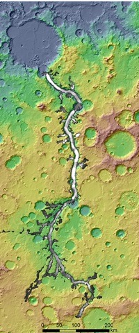 An enhanced shaded relief image of Ma'adim Vallis, an outflow channel on Mars stretching more than 400 miles flowing north into the Gusev crater, near the equator. The channel is thought to have been carved by flowing water early in the history of the red planet. Gray tone indicates channel depth. (Image created with NASA data) 