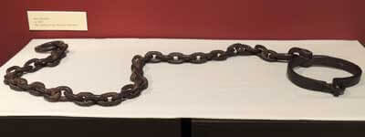 The exhibition includes slave shackles from circa 1850.
