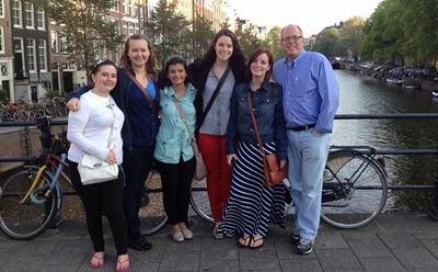 (Left to right) Ashley Palin, Lori Korth, Raquel Chavez, Lauren Nale, Karissa Kessen, and J.D. Bowers alongside one of Amsterdam's many canals.