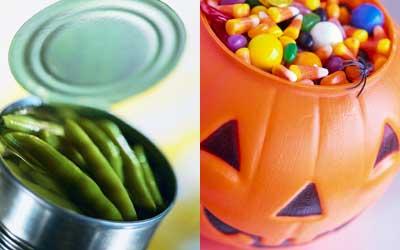 Photo montage of a can of green beans and a plastic pumpkin of candy