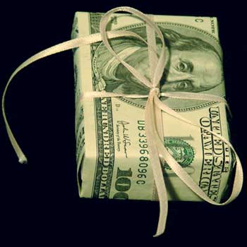 Photo of a giftwrapped $100 bill