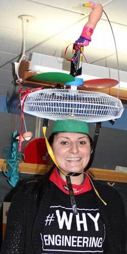 STEM Outreach Associate Pettee Guerrero recreated a functioning model of the snake-repelling helmet from “Rosie Revere, Engineer.”