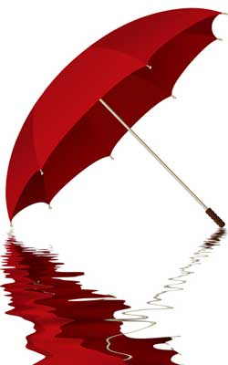 Photo of a red umbrella and its reflection in a puddle