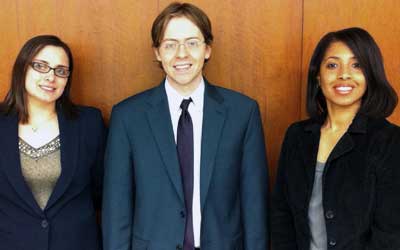 Third-year NIU Law students Samantha Brown and Daniel Kalina are pictured with their coach Professor Yolanda King. Brown and Kalina placed third in the American Bar Association's Regional Client Counseling Competition.