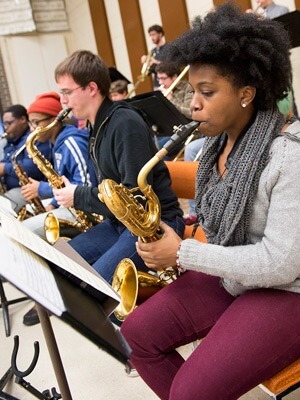 Photo of NIU Jazz Studies students playing saxophones