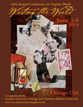 Official poster of the International Conference on Viriginia Woolf. Poster art and design by Chicago artists Ginny Sykes and Ruby Barnes.