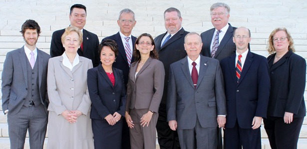 Pictured on the steps of the U.S. Supreme Court are (back row from left): movant Matt Pfeiffer (’00), Hon. Tom Doherty (’86), Matthew Beese (’02) and Robert Carlson. (Front row from left): NIU Law professor Michael Oswalt, Judith Paulick (’79), Sonni C. Williams (’99), Dean Jennifer Rosato Perea, James Buck, NIU Law Adjunct Professor Jeffrey Lewis and Mary Stauffenberg (’07). 