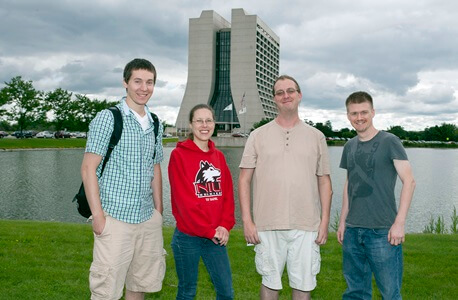 (Left to right) Michael McEvoy, Mary Shenk, Aaron Epps and Eric Johnson at Fermilab. Credit: Scott Walstrom, NIU