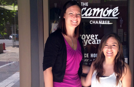 Jaclyn Cox (right) with her internship supervisor Katelyn Fogle outside the Sycamore Chamber of Commerce.