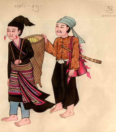 Image of Kachin couple, anonymous, nd, watercolor on paper, from an ethnographic album, “Tribes of Burma”, circa 1900, h. 11 in. x w. 13 in, 2005 Purchase, Founders Memorial Library at NIU.