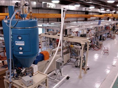 The plastic scintillator extrusion line, shown here, produces detector material for export to experiments around the world. Photo: Reidar Hahn