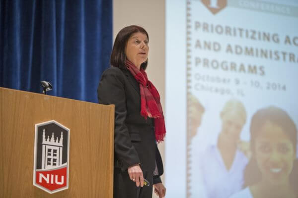Executive Vice President and Provost Lisa Freeman discusses the NIU program prioritization process at a Jan. 29 town hall meeting.