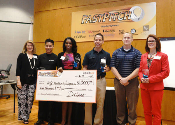 (L to R) Sherry Pritz with FastPitch winners Doug Hoang, P.J. McGuire, Brad Marshall, Paul Fowler and Nicole Sdao.