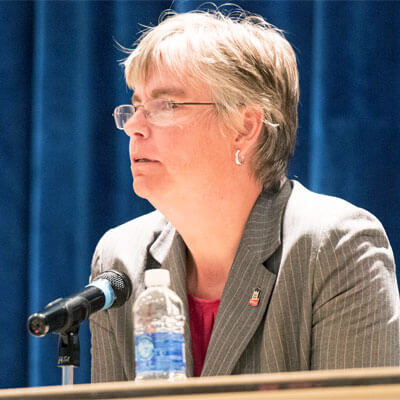 Jeanne Meyer, director of the NIU Office of Community Standards & Student Conduct, speaks during the Sept. 2 panel discussion on “The Hunting Ground.”