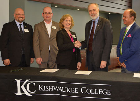 From left: Matt Feuerborn, dean of Career Technologies at Kishwaukee College; Mark Lanting, vice president of instruction at KC; Laurie Borowicz, president of KC; Doug Baker, president of NIU; and Promod Vohra, dean of the NIU College of Engineering and Engineering Technology.