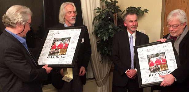 Recently retired Associate Dean David Gaebler (far left) and Professor Daniel Reynolds (far right), who served as co-directors of the study abroad program for much of its history, were honored during dinner. They were joined by current program director Professor David Taylor (second from left) and Interim Dean Mark Cordes (second from right).