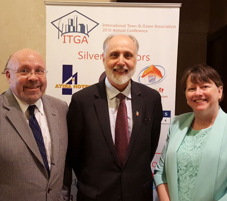 DeKalb Mayor John Rey, NIU President Doug Baker<br /> and DeKalb City Manager Anne Marie Gaura spoke June 7 at the 2016 annual conference<br /> of the International Town & Gown Association, held at the Loyola Lake Shore Campus.